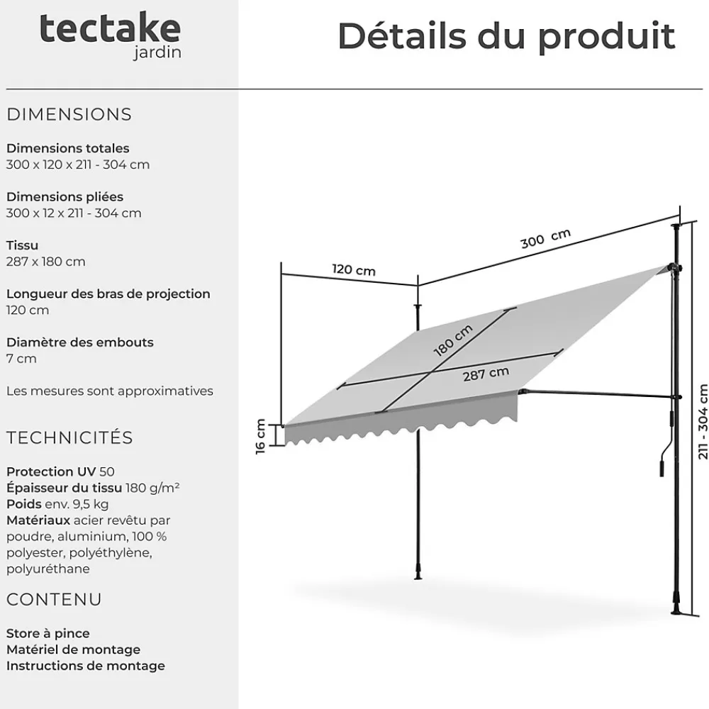 Tectake Auvent Et Marquise<Store à pince sans perçage avec Manivelle Réglable en hauteur 211 - 304 cm gris clair