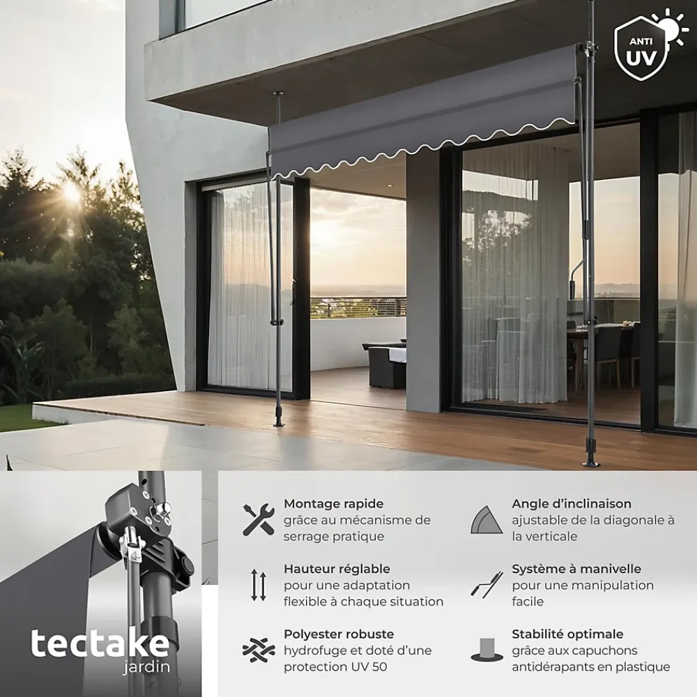 Tectake Auvent Et Marquise<Store à pince sans perçage avec Manivelle Réglable en hauteur 211 - 304 cm noir/gris