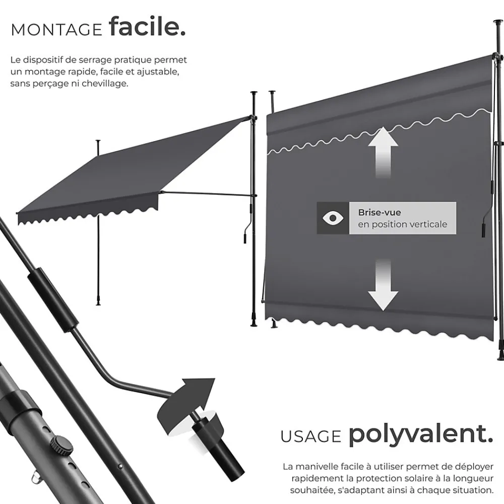 Tectake Auvent Et Marquise<Store à pince sans perçage avec Manivelle Réglable en hauteur 211 - 304 cm noir/gris