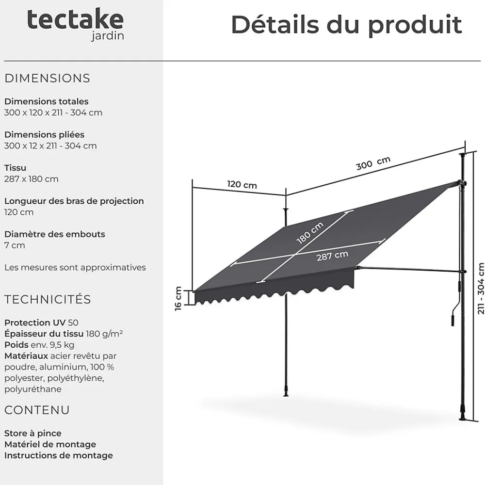 Tectake Auvent Et Marquise<Store à pince sans perçage avec Manivelle Réglable en hauteur 211 - 304 cm noir/gris