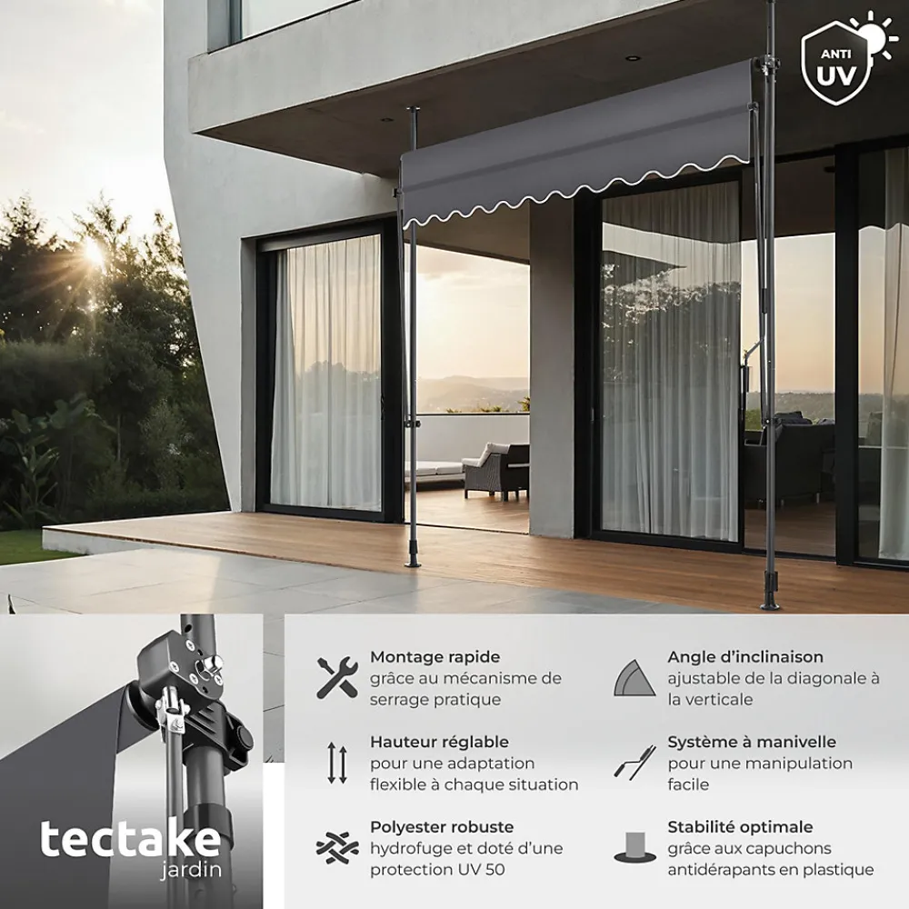Tectake Store à pince sans perçage en polyester 250 x 180 cm gris- Auvent Et Marquise