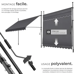 Tectake Store à pince sans perçage en polyester 250 x 180 cm gris- Auvent Et Marquise