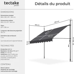 Tectake Store à pince sans perçage en polyester 250 x 180 cm gris- Auvent Et Marquise