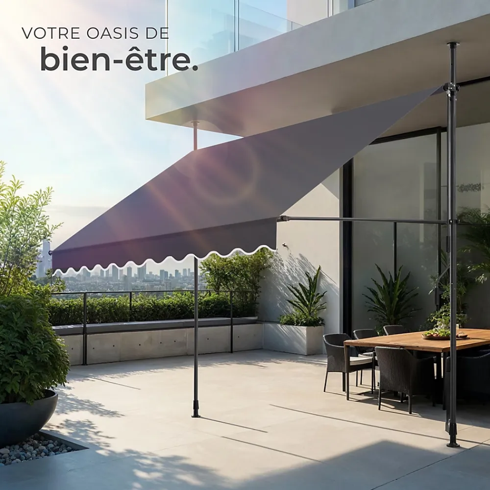 Tectake Store à pince sans perçage en polyester 250 x 180 cm gris- Auvent Et Marquise