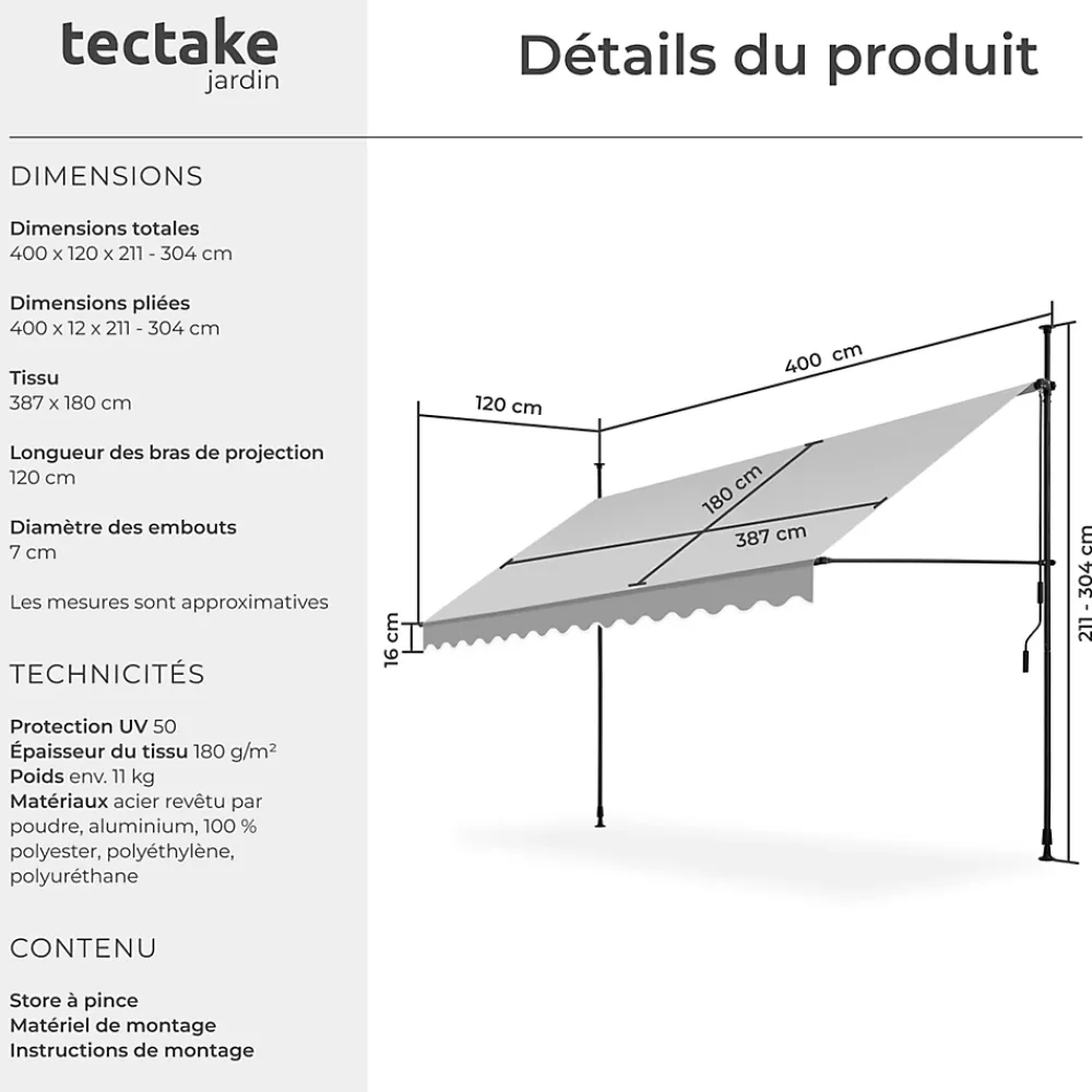 Tectake Auvent Et Marquise<Store à pince sans perçage en polyester 400 x 180 cm gris clair