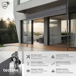 Tectake Auvent Et Marquise<Store à pince sans perçage en polyester 350 x 180 cm gris