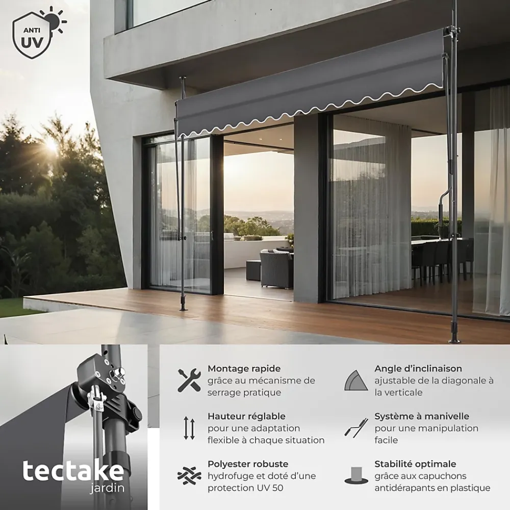 Tectake Auvent Et Marquise<Store à pince sans perçage en polyester 350 x 180 cm gris