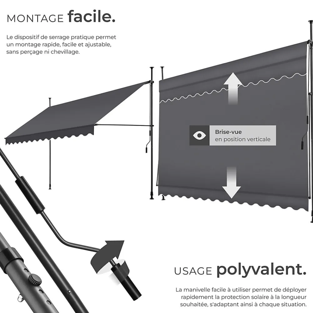 Tectake Auvent Et Marquise<Store à pince sans perçage en polyester 350 x 180 cm gris
