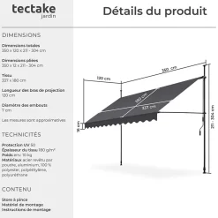 Tectake Auvent Et Marquise<Store à pince sans perçage en polyester 350 x 180 cm gris