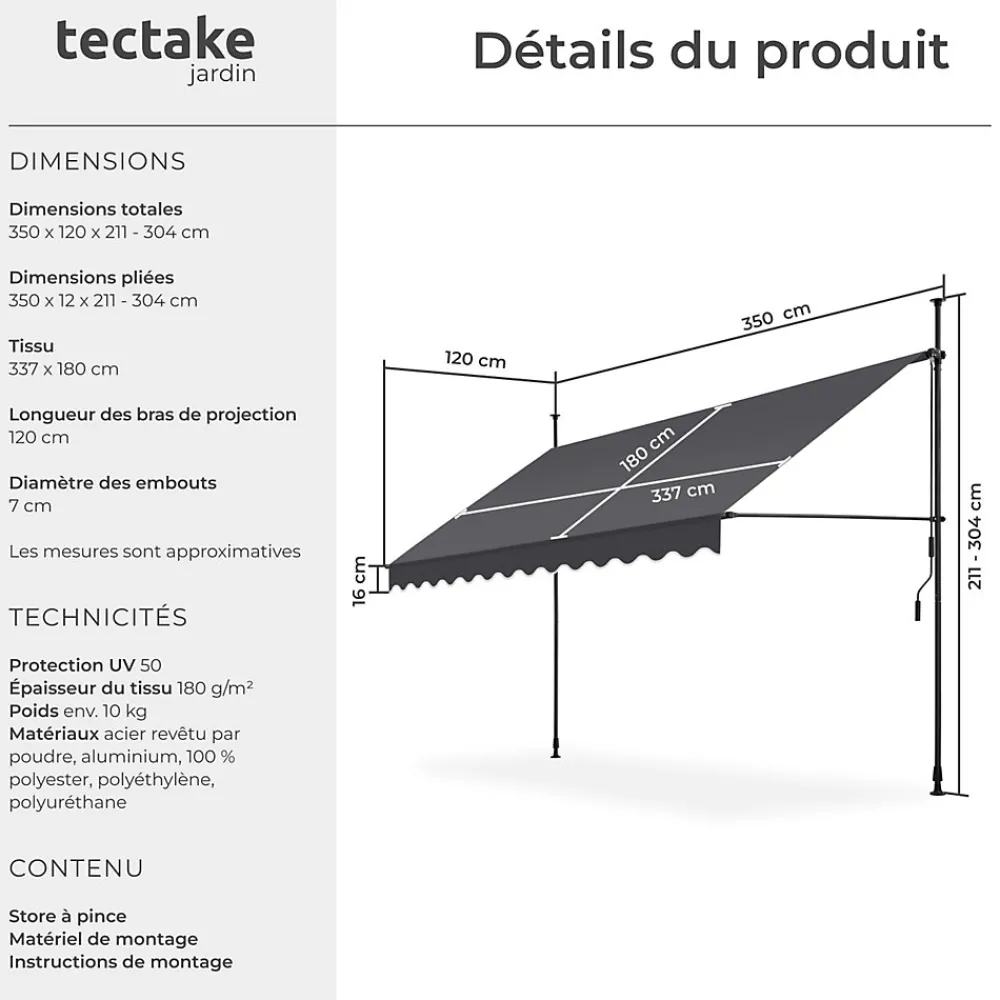 Tectake Auvent Et Marquise<Store à pince sans perçage en polyester 350 x 180 cm gris