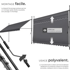 Tectake Store à pince sans perçage avec Manivelle Réglable en hauteur 211 - 304 cm noir/gris- Auvent Et Marquise