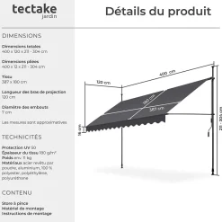Tectake Store à pince sans perçage avec Manivelle Réglable en hauteur 211 - 304 cm noir/gris- Auvent Et Marquise