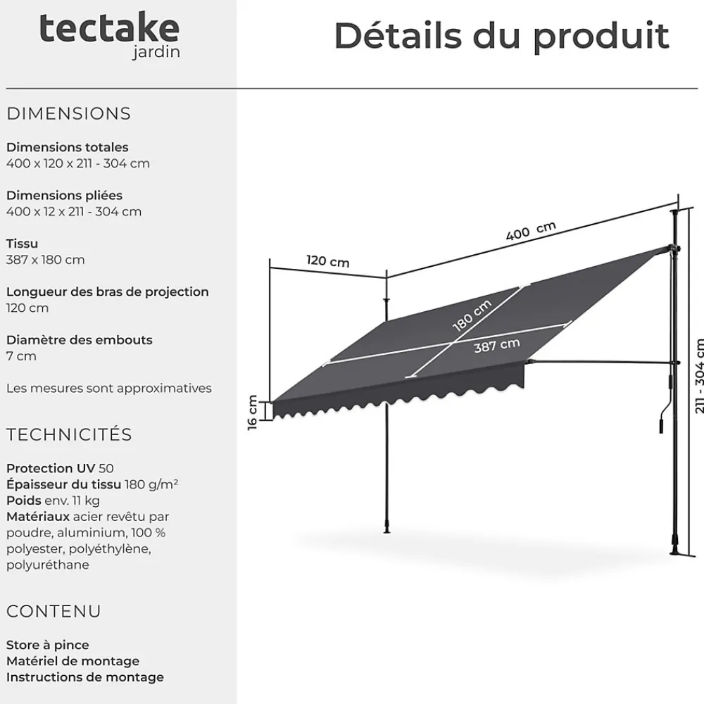 Tectake Store à pince sans perçage avec Manivelle Réglable en hauteur 211 - 304 cm noir/gris- Auvent Et Marquise