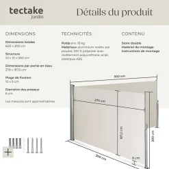 Tectake Store latéral double 160 x 600 cm en Aluminium beige- Auvent Et Marquise