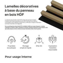 Stegu Tasseau décoratif lambris lamelles Linea Slim MDF noir et chêne 15 x 265 cm, ép. 30mm- Lambris Mural|Panneau Tasseau Bois