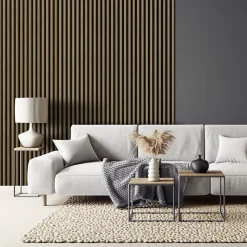 Stegu Tasseau décoratif lambris lamelles Linea Slim MDF noir et chêne 15 x 265 cm, ép. 30mm- Lambris Mural|Panneau Tasseau Bois