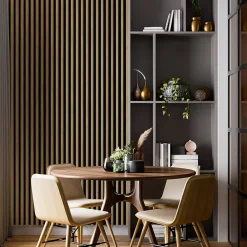 Stegu Tasseau décoratif lambris lamelles Linea Slim MDF noir et chêne 15 x 265 cm, ép. 30mm- Lambris Mural|Panneau Tasseau Bois