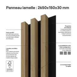 Stegu Tasseau décoratif lambris lamelles Linea Slim MDF noir et chêne 15 x 265 cm, ép. 30mm- Lambris Mural|Panneau Tasseau Bois