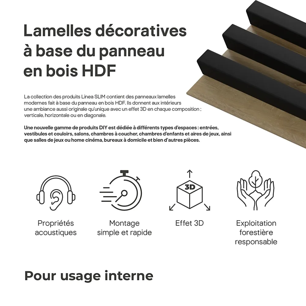 Stegu Lambris Mural|Panneau Tasseau Bois<Tasseau décoratif lambris lamelles Linea Slim Black MDF noir et chêne 15 x 265 cm, ép. 30mm