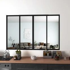 AICA Sanitaire Verrière Atelier Coulissante en Aluminium Noir- L183xH108cm,4 Panneaux en 4mm Verre Trempé,Séparation Élégante Cuisine/Salon- Verrière