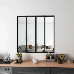 AICA Sanitaire Verrière<Verrière Atelier Coulissante en Aluminium Noir- L123xH108cm,4 Panneaux en 4mm Verre Trempé,Séparation Élégante Cuisine/Salon
