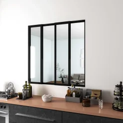 AICA Sanitaire Verrière<Verrière Atelier Coulissante en Aluminium Noir- L123xH108cm,4 Panneaux en 4mm Verre Trempé,Séparation Élégante Cuisine/Salon