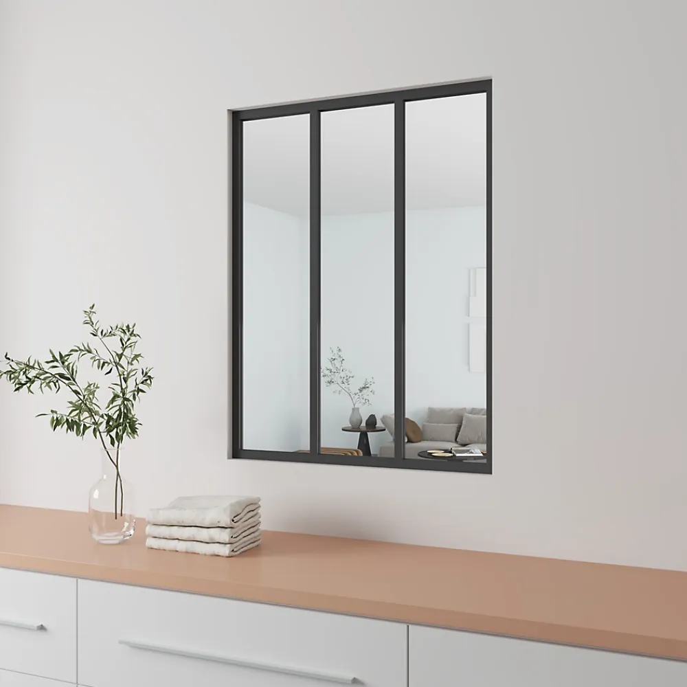 AICA Sanitaire Verrière<Verrière Atelier fixe - L.93 x H.108cm - aluminium noir mat - 3 carreaux, vitrage trempé 4mm